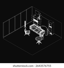 A black and white drawing of a cozy living room features a sofa, chair, and table with a lamp and bookshelf. The dark background creates a mysterious yet inviting atmosphere, perfect for artistic.