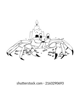 black and white drawing of a crab with a sandcastle