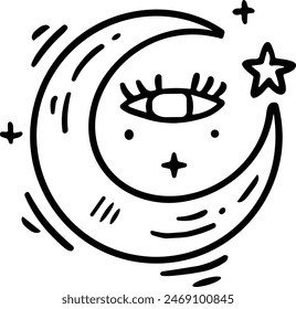 A black and white drawing of a crescent moon with a star in the center. The eye of the moon is drawn with eyelashes and the star is drawn with a black outline. Scene is whimsical and playful