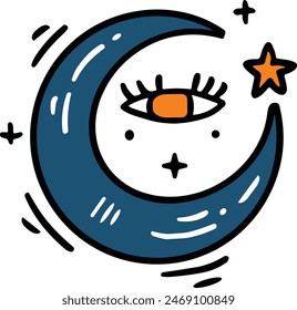 A black and white drawing of a crescent moon with a star in the center. The eye of the moon is drawn with eyelashes and the star is drawn with a black outline. Scene is whimsical and playful