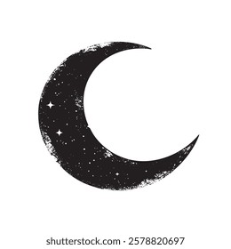 A black and white drawing of a crescent moon with stars