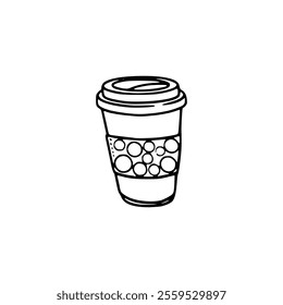 A black and white drawing of a cup of coffee