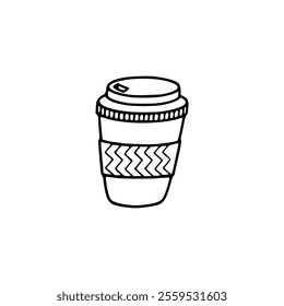 A black and white drawing of a cup of coffee