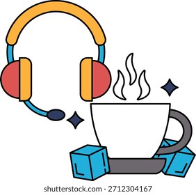 Um desenho preto e branco de uma xícara de café com um par de fones de ouvido em cima dele