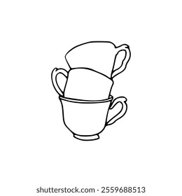 A black and white drawing of a cup and saucer