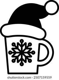 A black and white drawing of a cup with a snowflake on it and a santa hat on top