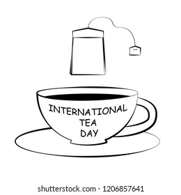 Black and white drawing of a cup and tea bag. Silhouette of a cup of tea. Lettering on tea cup shape. EPS8