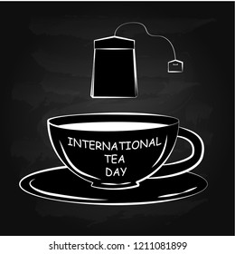 Black and white drawing of a cup and tea bag. Silhouette of a cup of tea. Lettering on tea cup shape. EPS8