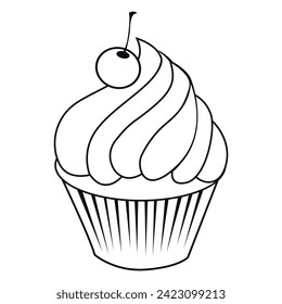 Black and white drawing of a cupcake with a cherry on top. Vector on a gray background