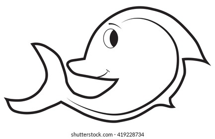 Black and white drawing of a cute dolphin. Vector illustration.