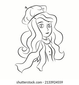 black and white drawing of a cute girl with long hair