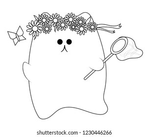 Black and white drawing of a cute kitten with a butterfly net and flowers.