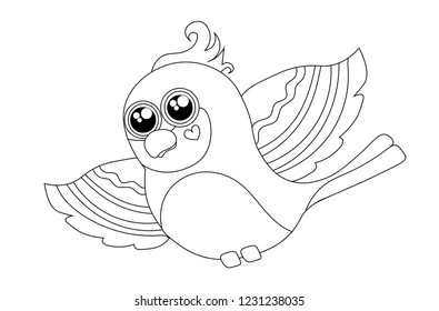 Black and white drawing of a cute parrot.