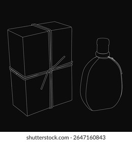 A black and white drawing of a cylindrical perfume bottle with a white label and black cap, paired with a rectangular box tied with a white ribbon. The elegant composition highlights classic.
