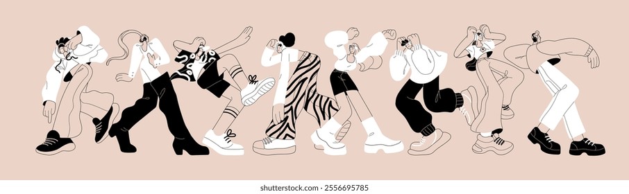 Black and white drawing dancers in headset move to music. Funny line art people in headphones listen to song and dance. Group in earphones performs with melody at the party. Flat vector illustration