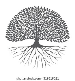 Black and white drawing of deciduous tree. Black silhouette on a white background. Large krone root system. Isolated. Vector Image.