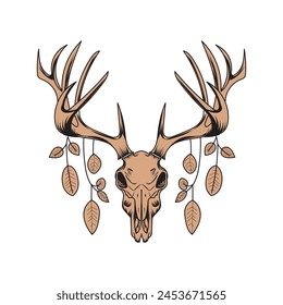 A black and white drawing of a deer skull with antlers Leafs design 