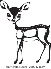 a black and white drawing of a deer in the woods
