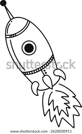 Black and white drawing depicting a rocket soaring through the sky. Leaving behind a vibrant trail of flames. Isolated against a clean white background. Embodying themes of exploration and adventure