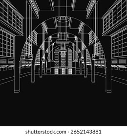 Um desenho em preto e branco representa um edifício interior com grandes arcos, janelas altas e pilares resistentes. O fundo escuro cria uma atmosfera misteriosa e dramática.