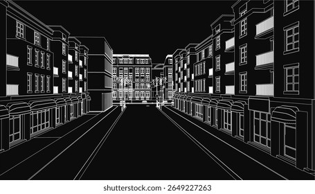 A black and white drawing depicts a quiet city street at night, lined with tall buildings on both sides. The dark background enhances the moody atmosphere.