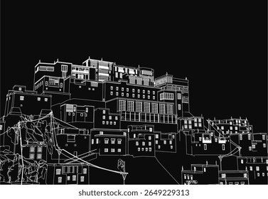 Um desenho preto e branco retrata uma cidade arruinada em uma colina, com edifícios em ruínas no primeiro plano e um fundo escuro e temperamental. O esboço detalhado transmite uma atmosfera estranha e abandonada.