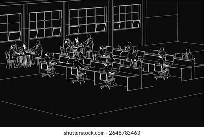 A black and white drawing depicts a spacious office with people working at desks equipped with computers and monitors. Tables hold various office objects, while large windows line the back wall.
