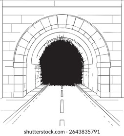 A black and white drawing depicts a tunnel entrance with a stone archway, leading into a dark interior with a road.
