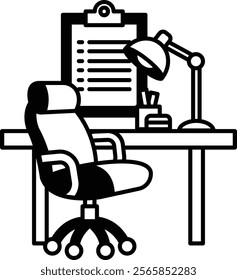 A black and white drawing of a desk with a chair, clipboard, lamp, and pen. The desk is set up for work or study, with the clipboard