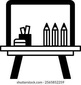 A black and white drawing of a desk with a chalkboard, pencils, and a cup. The desk is on a wooden surface and has a chalkboard on top. There are three pencils on the desk, one in the middle