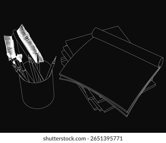Um desenho preto e branco de uma mesa apresenta uma xícara de pincéis e papéis dispersos, destacados contra um fundo escuro. O esboço detalhado enfatiza as ferramentas artísticas e o espaço de trabalho criativo.