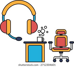 Eine schwarz-weiße Zeichnung eines Schreibtisches mit einem Headset und einer Tasse Kaffee. Die Zeichnung vermittelt ein Gefühl von Fokus und Produktivität