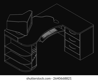 A black and white drawing of a desk with a keyboard and mouse. The desk is curved and has a shelf underneath it