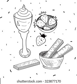 Black and white drawing . Dessert . Draw a line .