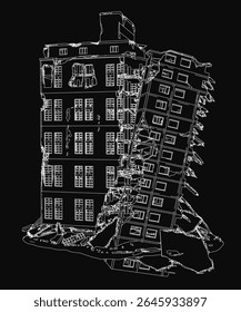 Um desenho em preto e branco de um edifício destruído com um fundo escuro, com janelas quebradas, paredes em ruínas e uma atmosfera estranha abandonada. O esboço detalhado captura a decadência assombrosa.
