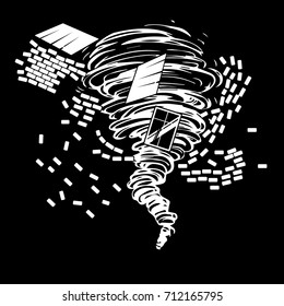 Black and white drawing of a destructive tornado that draws the ruined brick house