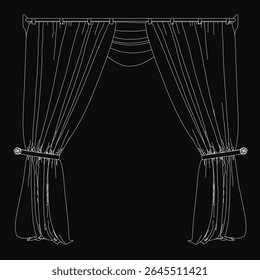Um desenho em preto e branco de uma cortina detalhada com linhas intrincadas e curvas fluindo destaca-se contra um fundo preto escuro. O contraste monocromático destaca as dobras elegantes e delicadas.