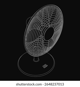 Um desenho em preto e branco de um ventilador detalhado com linhas e curvas intrincadas, situado contra um fundo escuro. O design elegante destaca a funcionalidade de resfriamento, mantendo ao mesmo tempo um minimalista.