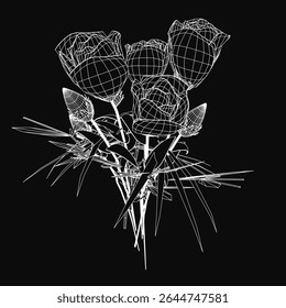 Black and white drawing of a detailed rose bouquet with deep red petals and light green stems. The intricate floral arrangement contrasts beautifully against the dark background, creating an elegant.