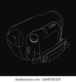 A black and white drawing of a detailed video camera with clearly visible buttons and dials, set against a sleek black background. The illustration highlights the camera's professional design