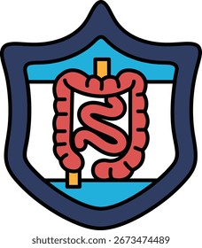 A black and white drawing of a digestive system. The drawing is of a shield with a long, thin tube sticking out of it. The shield is surrounded by a circle