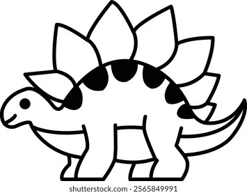 A black and white drawing of a dinosaur with a smile on its face. The dinosaur has a long neck and is standing on a white background