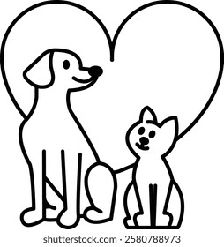 A black and white drawing of a dog and cat sitting in a heart. The dog is looking at the camera and the cat is looking away