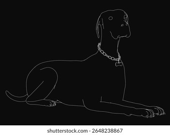 A black and white drawing of a dog with a chain around its neck, set against a dark background, creating a stark and dramatic contrast. The detailed line work highlights the dog's expression