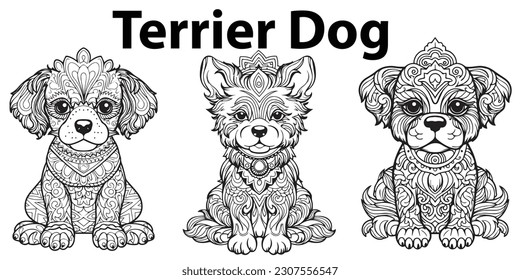 A black and white drawing dog set collection of coloring page vectors.