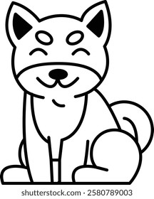 A black and white drawing of a dog with a smile on its face. The dog is sitting down and he is happy