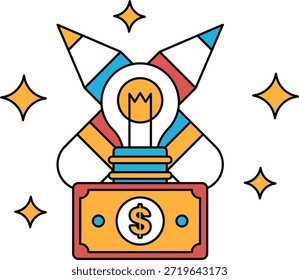 Un dibujo en blanco y negro de un billete de un dólar con una bombilla encima. El billete de un dólar está rodeado por una estrella y un cohete. El dibujo transmite la idea de innovación y creatividad