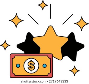 Un dibujo en blanco y negro de un billete de un dólar con tres estrellas encima. Las estrellas brillan intensamente, dando la impresión de una situación exitosa o gratificante