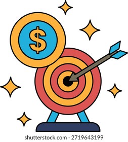 Un dibujo en blanco y negro de un signo de dólar y una flecha que apunta a un objetivo. El signo del dólar representa el dinero y la flecha representa un objetivo o meta a la que apuntar. Concepto de luchar por el éxito