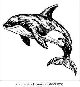 A black and white drawing of a dolphin